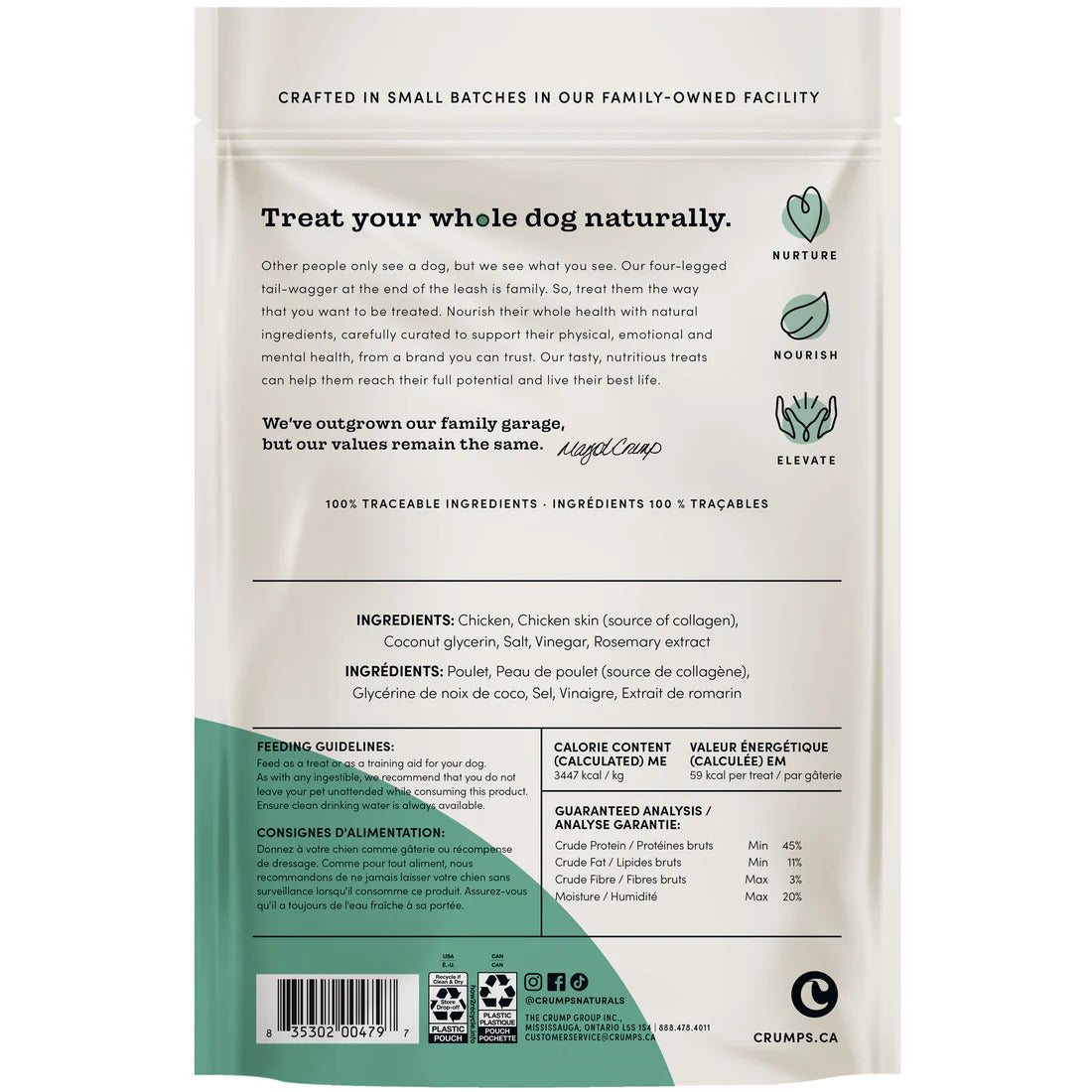 Back of a dog food package with text and branding on a white background