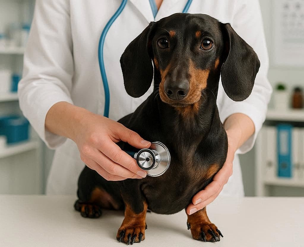 Dog being examined by a veterinarian with a stethoscope in a clinic setting