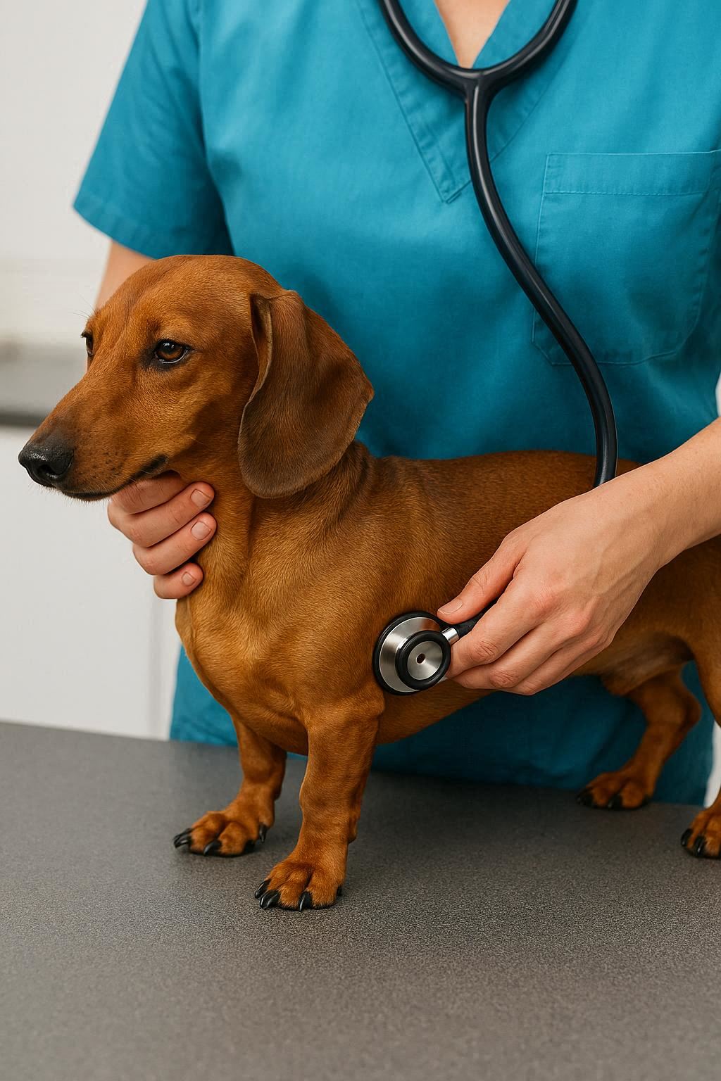 Dog being examined by a veterinarian with a stethoscope