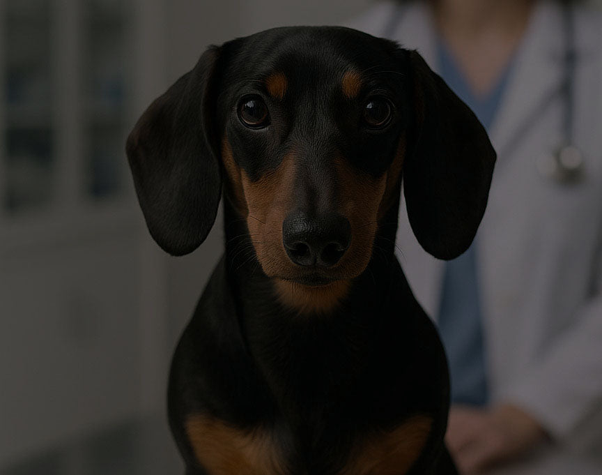 Dachshund dog being examined by a veterinarian