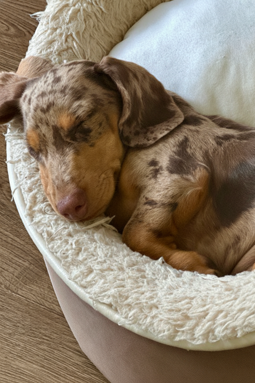 Small brown and white dachshund sleeping on a fluffy white pillow.