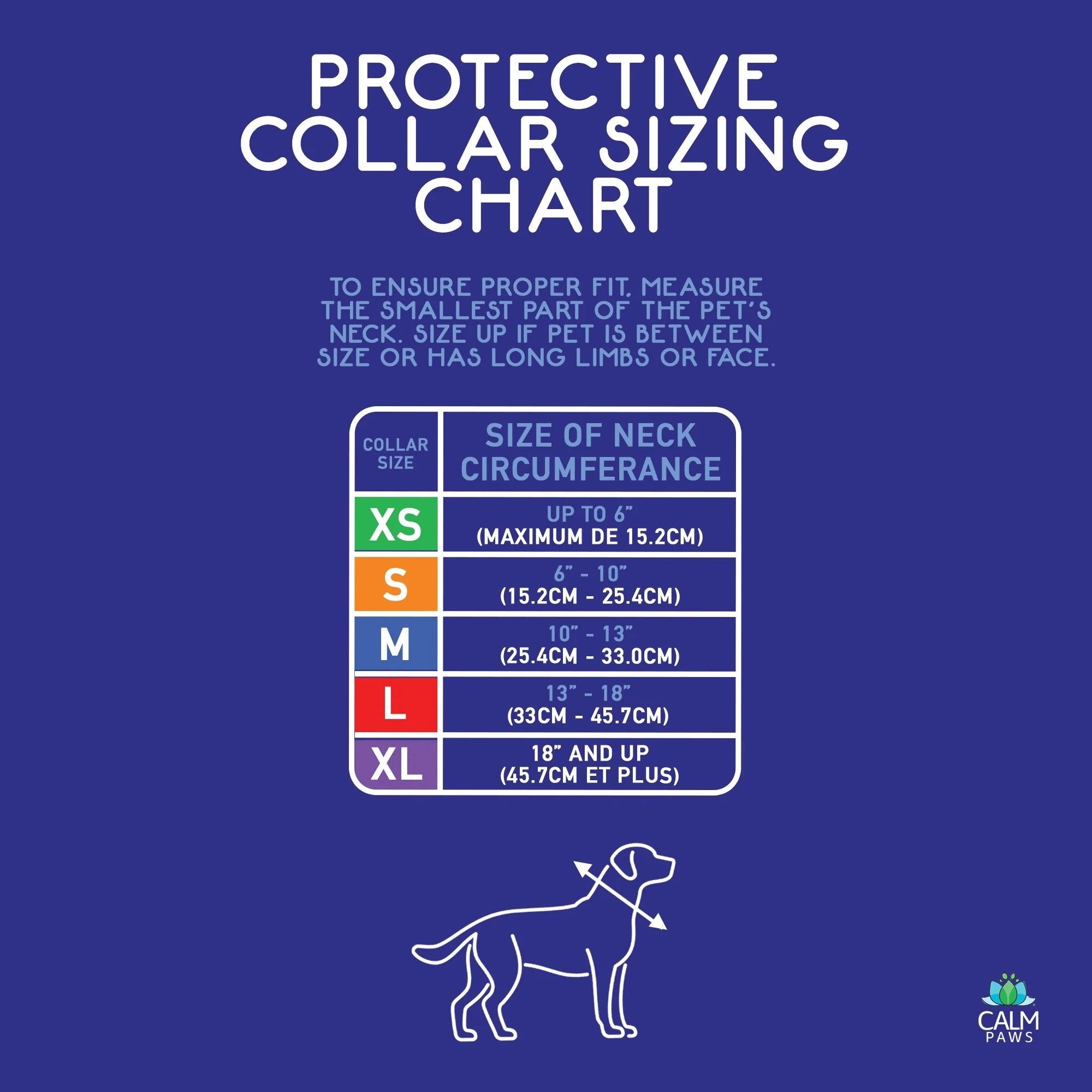 Protective collar sizing chart with neck circumference measurements on a blue background