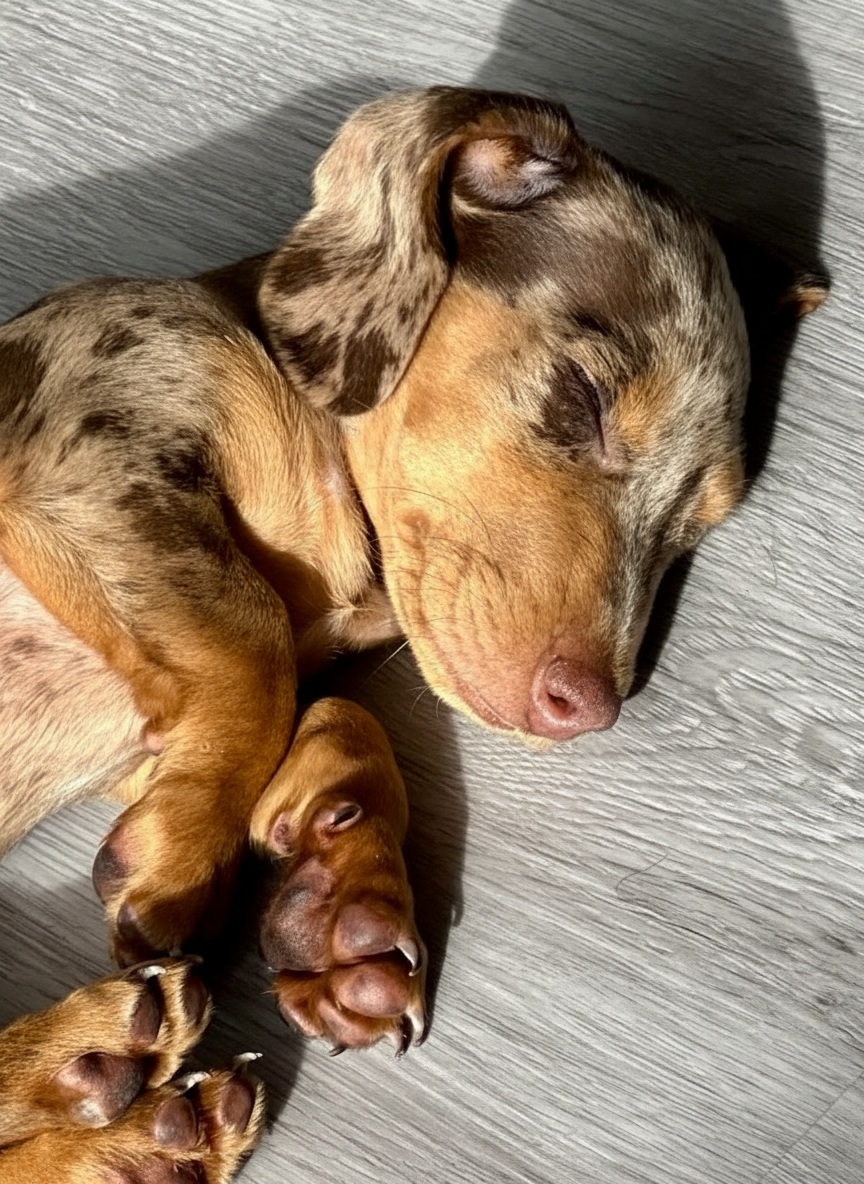 dachshund puppy sleeping on a textured surface