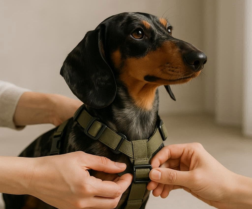 Person adjusting a green harness on a dachshund