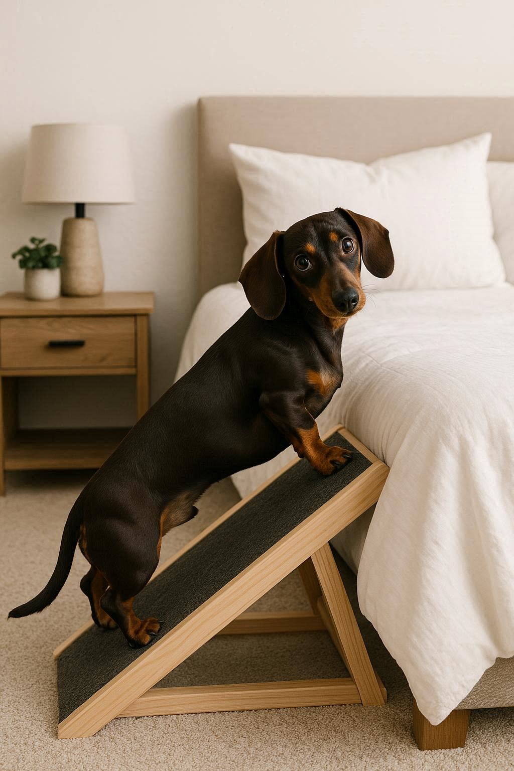 Dachshund standing on a wooden ramp in a bedroom.