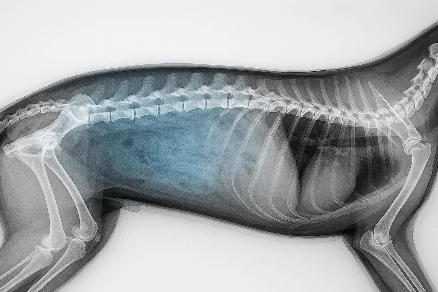 X-ray of a dog's torso with a clear area indicating an abdominal mass.
